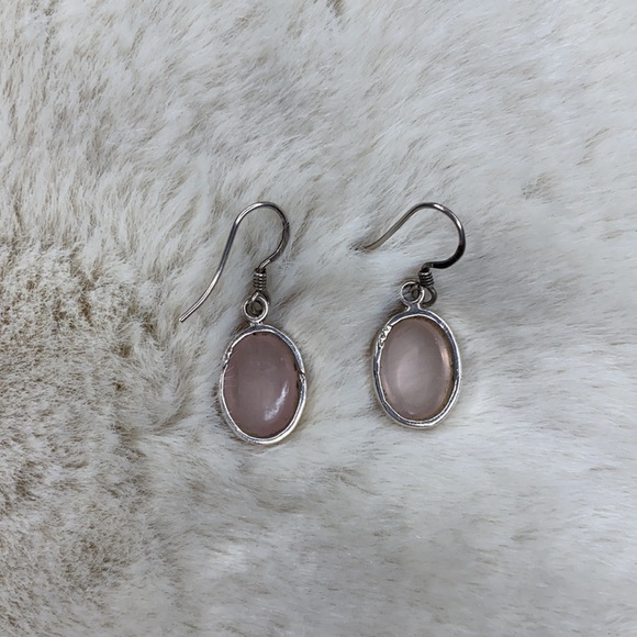 Oval Rose Quartz Silver Earrings - Picture 5 of 5